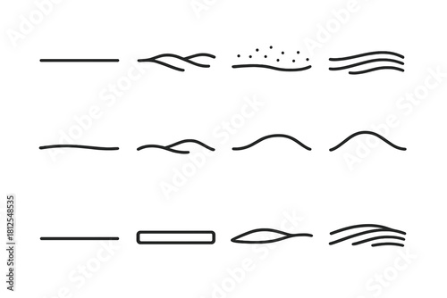 Snowy Fields Icons. Snowy fields. Line outline icon set of Snowy fields: flat snow line, small wave field,