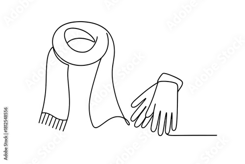 Minimalist Winter Accessories. Winter knit accessories. Minimalistic one-line drawing soft scarf draped beside
