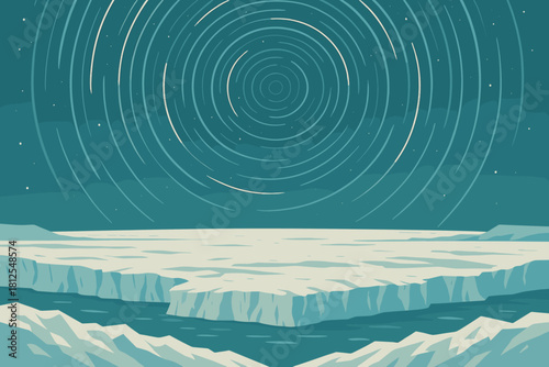 Cosmic Glacier Artwork. Star trail over glacier minimalist flat illustration of circular star patterns above a