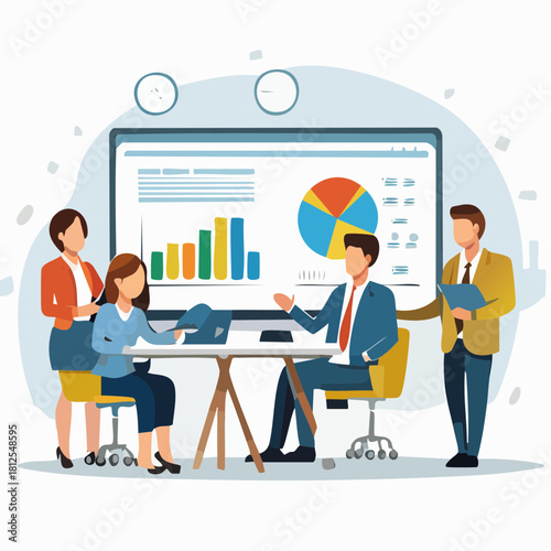 Business Meeting with Team Collaborating on Data Charts and Performance Reports