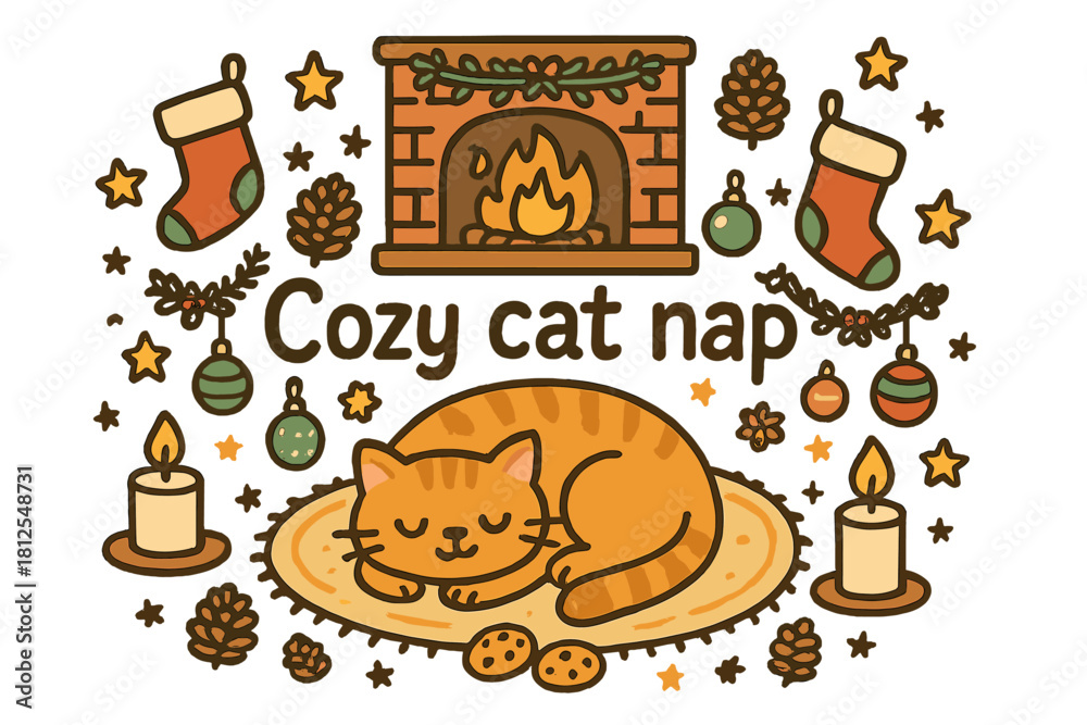 Naklejka premium Cozy Cat Scene. Cozy cat nap. Hand-drawn doodle illustration of Cozy cat nap. sleeping cat, warm fire, soft