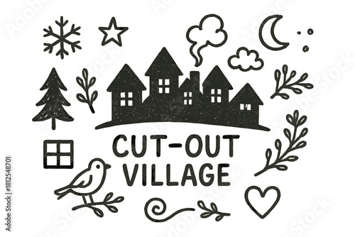 Cut-out Village Doodles. Cut-out village. Hand-drawn doodle illustration of Cut-out village. Central doodle