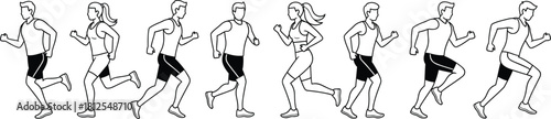 Running motion sequence—seven stylized male and female figures showing biomechanics and athletic movement 