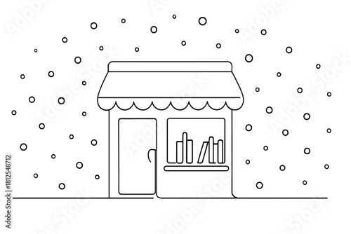 Minimalist Snowy Bookshop. Snowy night bookshop. Minimalistic one-line drawing storefront silhouette with