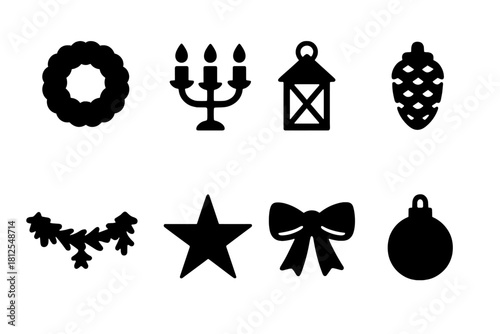 Fireplace Decor Icons. Fireplace decor. Filled icon set of Fireplace decor: wreath, candle holder, lantern,