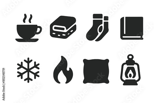 Winter Relaxation Icons. Winter relaxation. Filled icon set of Winter relaxation: hot tea, blanket, socks,