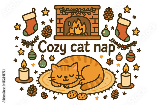 Cozy Cat Scene. Cozy cat nap. Hand-drawn doodle illustration of Cozy cat nap. sleeping cat, warm fire, soft