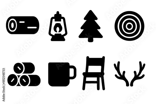 Rustic Cabin Icon Set. Rustic cabin details. Filled icon set of Rustic cabin details: wood beam, lantern, pine