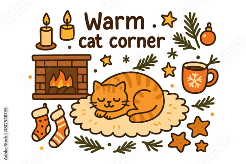Warm Cat Corner. Warm cat corner. Hand-drawn doodle illustration of Warm cat corner. sleeping kitty, fireplace