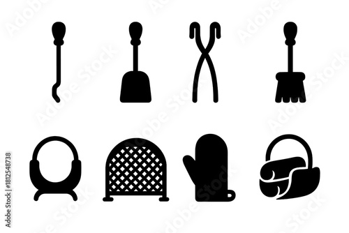 Fireplace Tool Icons. Fireplace tools. Filled icon set of Fireplace tools: poker, shovel, tongs, brush, log