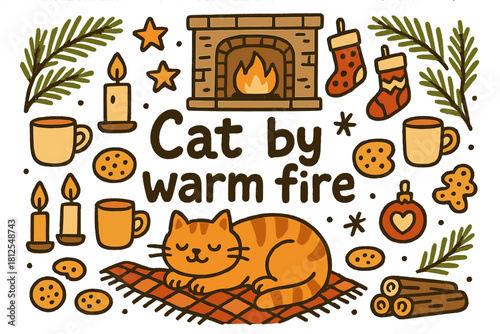 Cozy Cat by Fireplace. Cat by warm fire. Hand-drawn doodle illustration of Cat by warm fire. cozy cat, lit
