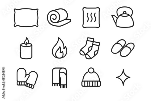 Cozy Comfort Icons. Warm comfort items. Line outline icon set of Warm comfort items: pillow, blanket roll, hot