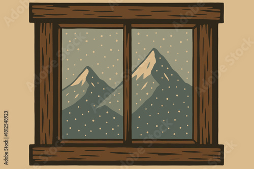 Snowy Mountain Lodge View. Mountain lodge window minimalist flat illustration of distant peaks in snowfall
