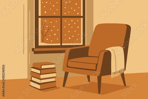 Cozy Vintage Reading Nook. Cozy reading nook minimalist flat illustration of a window beside a chair and