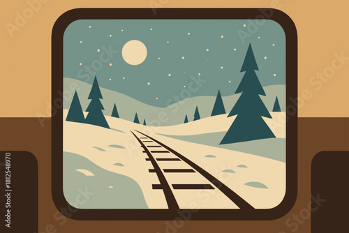 Winter Train Journey. Train window winter ride minimalist flat illustration of a snowy landscape passing by