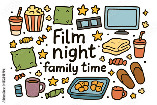 Family Film Night. Film night family time. Hand-drawn doodle illustration of Film night family time. popcorn,