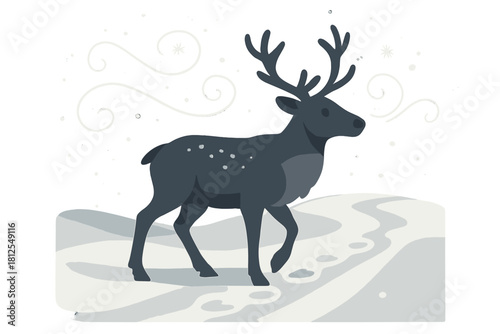 Reindeer on Snowy Trail. Reindeer tracks. A reindeer pauses on a snowy trail, prints glowing faintly behind it