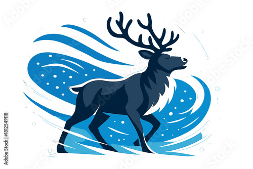 Reindeer Amidst Snowfall. Reindeer in snowfall gust. The wind bends snowflakes into sweeping arcs around the