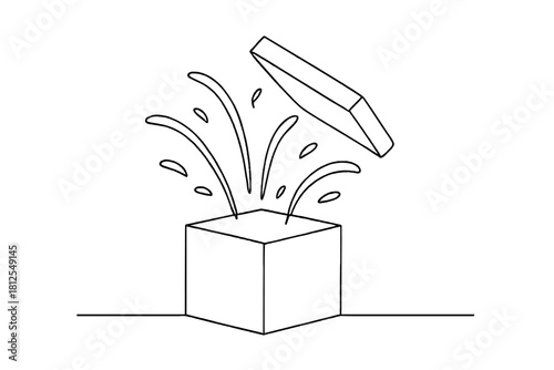 Minimalist Box Celebration. Celebration box explosion. Minimalistic one-line drawing box lid flying up with