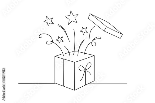 Exploding Gift Box. Surprise box burst. Minimalistic one-line drawing exploding gift box with stars and