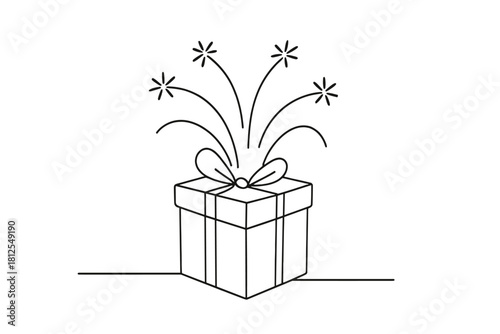 Gift Box Fireworks. Gift box fireworks. Minimalistic one-line drawing box opening with arcs resembling tiny
