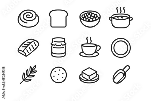 Nordic Winter Foods Icons. Nordic winter foods. Line outline icon set of Nordic winter foods: cinnamon bun,