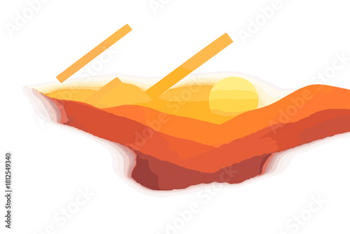 Foggy Sunrise Valley. Morning glow valley. A muted sun rises behind fog-wrapped hills, sending warm gradients