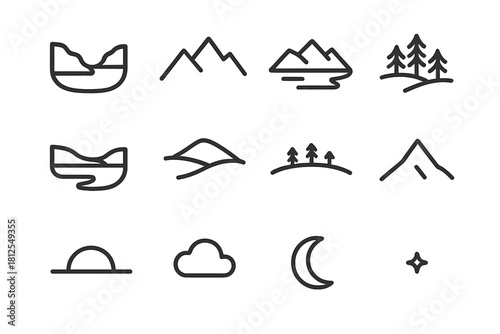 Nordic Landscape Icons. Nordic landscapes. Line outline icon set of Nordic landscapes: fjord line, mountain