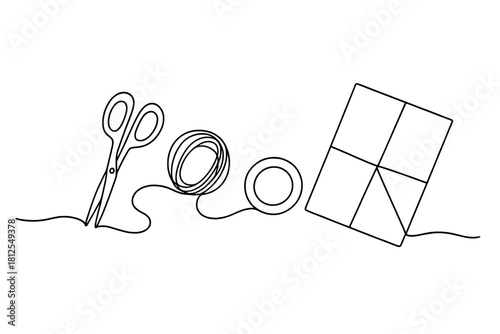 Minimalist Gift Wrapping. Wrapping essentials flat lay. Minimalistic one-line drawing scissors, twine, tape,