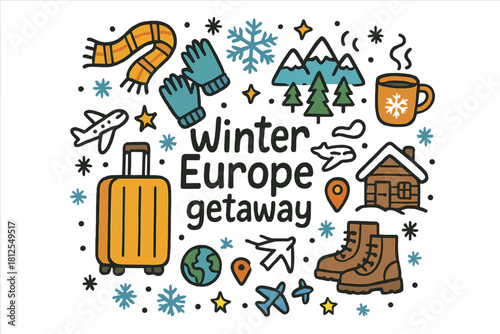 Winter Getaway Doodles. Winter Europe getaway. Hand-drawn doodle illustration of Winter Europe getaway.