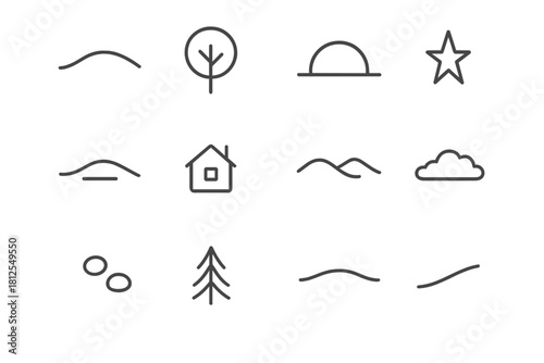 Winter Icon Set. Serene winter scene. Line outline icon set of Serene winter scene: soft hill, lone tree,