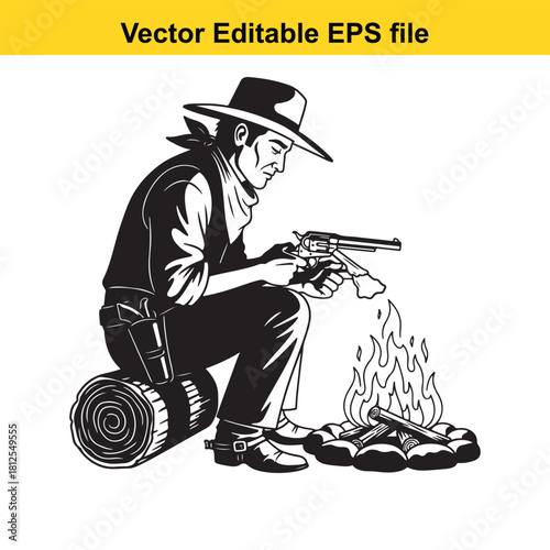 Black and white vector illustration of a cowboy sitting by a campfire cleaning his revolver gun in the wilderness