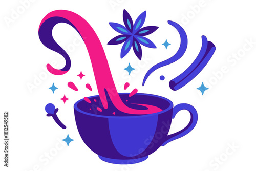 Mulled Wine Cascade. Rich ruby pour. A stream of mulled wine flows into a cup, scattering tiny star-like