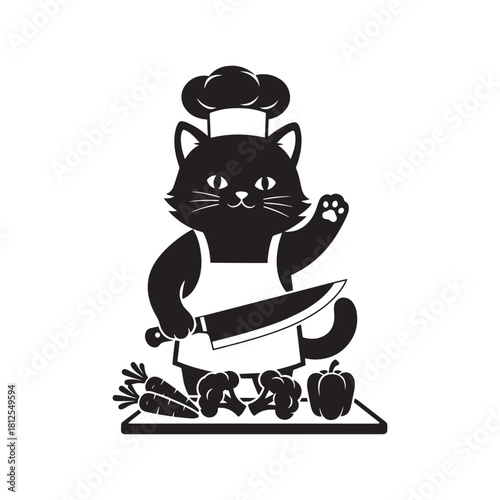 Black cat chef with knife and vegetables on cutting board cooking kitchen