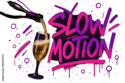 Neon Champagne Graffiti. Champagne pouring in slow motion. neon graffiti lettering, bold spray-paint strokes,