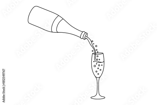 Champagne Stream Art. Champagne pouring in slow motion. Minimalistic one-line drawing of a champagne bottle