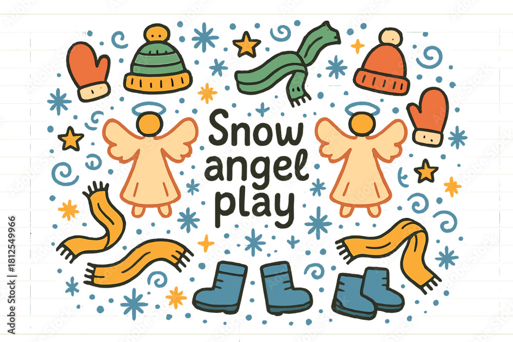 Obraz premium Snow Angel Doodle. Snow angel play. Hand-drawn doodle illustration of Snow angel play. angel shapes, mittens,