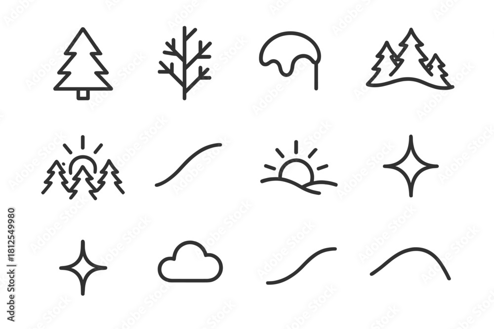 Fototapeta premium Snowy Forest Icons. Snowy forest morning. Line outline icon set of Snowy forest morning: pine trunk, frosted