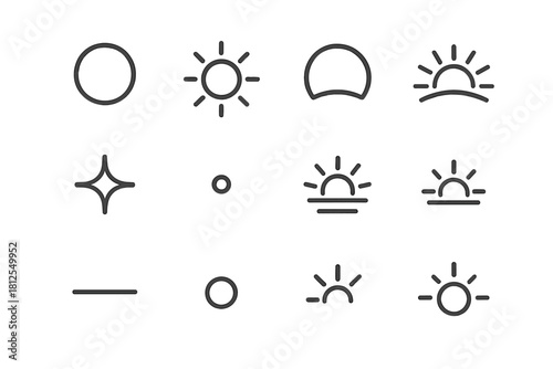 Morning Glow Icons. Morning glow. Line outline icon set of Morning glow: sun circle, faint ray, glow arc,