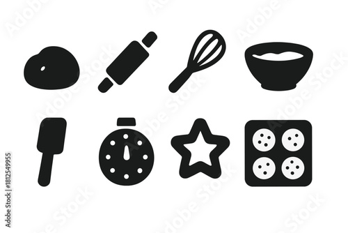 Baking Icons Collection. Baking process. Filled icon set of Baking process: dough ball, rolling pin, whisk,