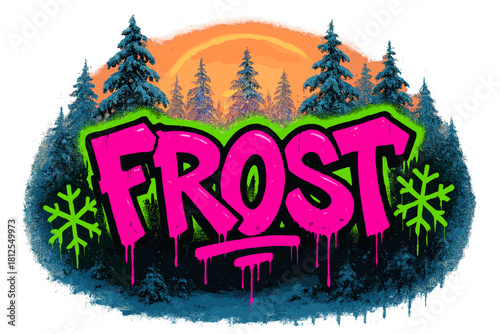 Neon Snow Graffiti. Snow-covered trees at sunset. neon graffiti lettering, bold spray-paint strokes, dripping