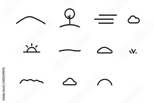 Winter Fog Icon Set. Serene winter fog scene. Line outline icon set of Serene winter fog scene: soft hill,