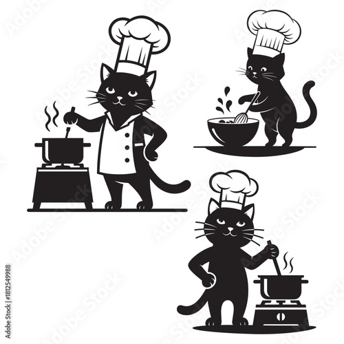 Black cats in chef hats cooking and whisking food kitten kitchen