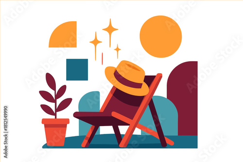 Hat in Quiet Room. Holiday corner. A hat sits tilted on a chair in a quiet room, spark-lines rising like warm