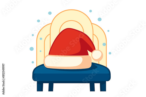 Santa's Hat Display. Santa’s hat moment. A plush hat rests centered on a chair cushion, snowy particles
