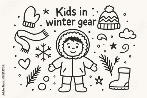 Kids in Winter Gear. Kids in winter gear. Hand-drawn doodle illustration of Kids in winter gear. Central
