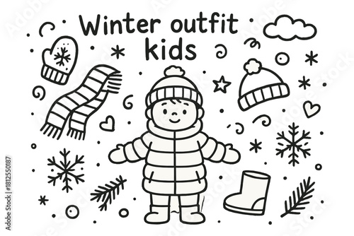 Winter Kids Doodle. Winter outfit kids. Hand-drawn doodle illustration of Winter outfit kids. Central doodle