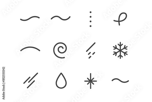 Soft Winter Icons. Soft winter fall. Line outline icon set of Soft winter fall: soft curve, drifting line,