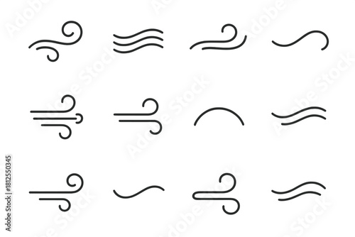 Winter Airflow Icons. Winter air flow. Line outline icon set of Winter air flow: swirl curve, wavy streak,