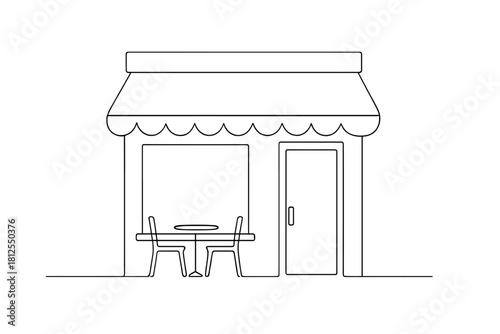 Minimal Monoline Café. Cozy coffee shop exterior. Minimalistic one-line drawing small café facade with warm